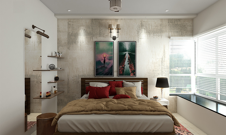 1 bhk flat interior design cost of the master bedroom with a textured wall and dressing table