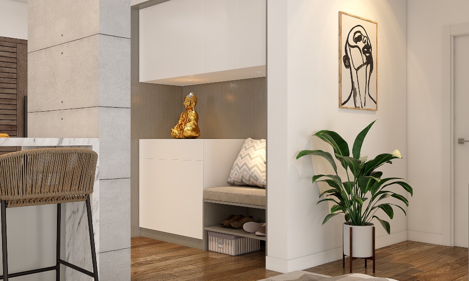 1 bhk home foyer area with drawers and seater designed in minimalistic and looks gorgeous.