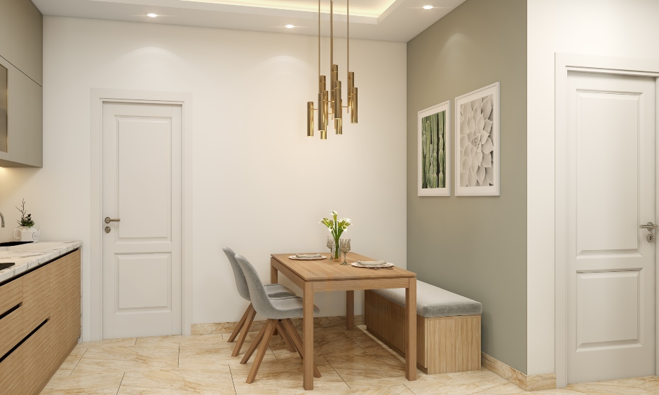 1 bhk home kitchen cum dining space with a rectangular dining table, two chairs and a bench for you to enjoy a cosy dinner