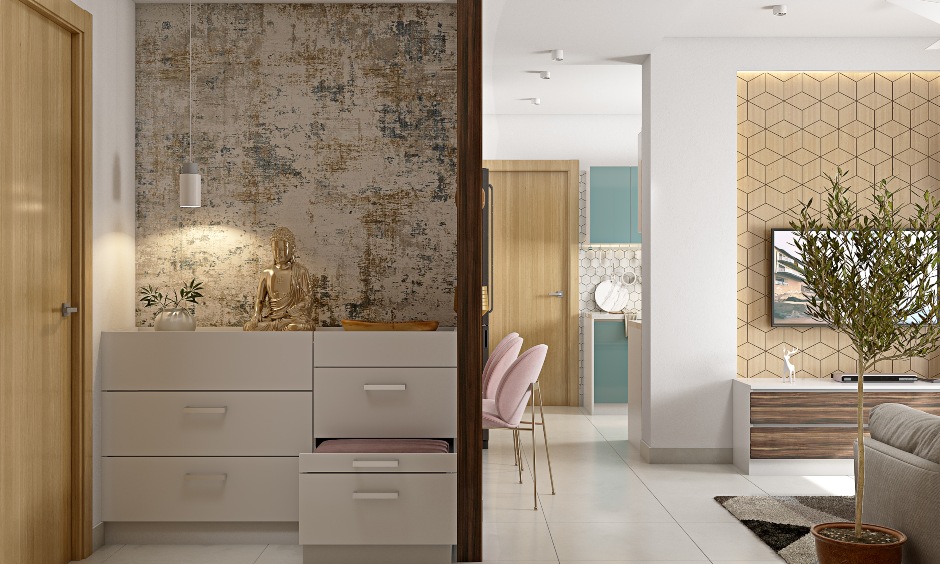 1bhk home foyer design with textured wallpaper and side cabinet with drawers for storage