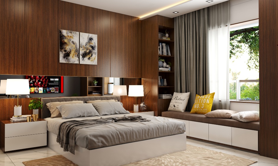 1bhk home interiors wit luxurious bedroom with wooden shelves and storage cabinets