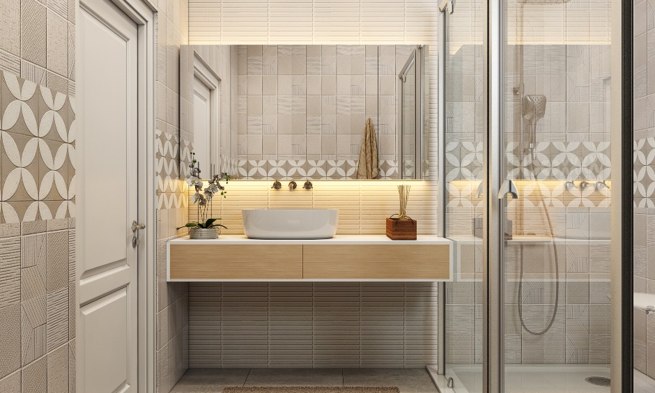 1bhk house bathroom design with sink and floor tiles