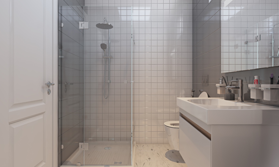 1bhk house bathroom with modern vanity unit and inbuilt sink provides ample storage