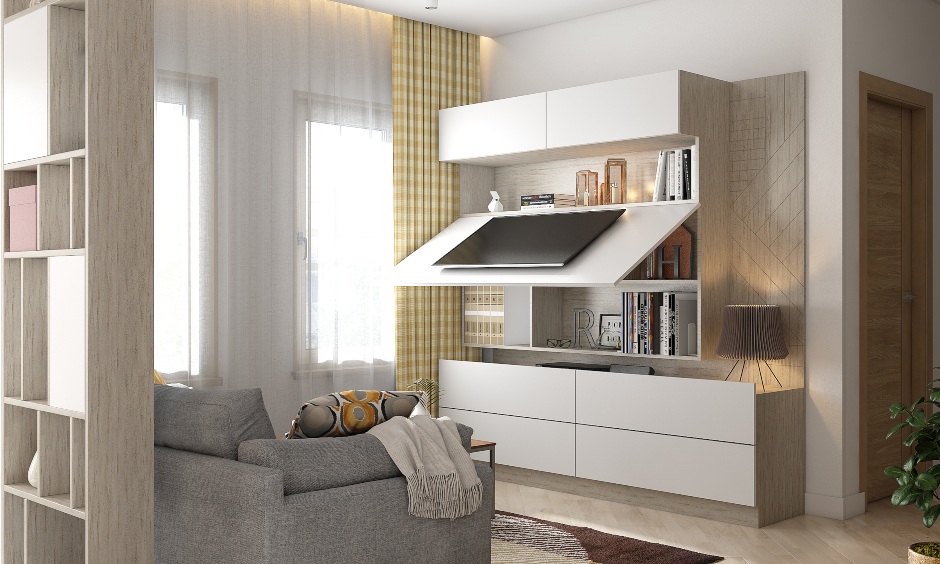 2bhk interior design with hidden tv unit storage, push to open drawers, sofa and long curtains