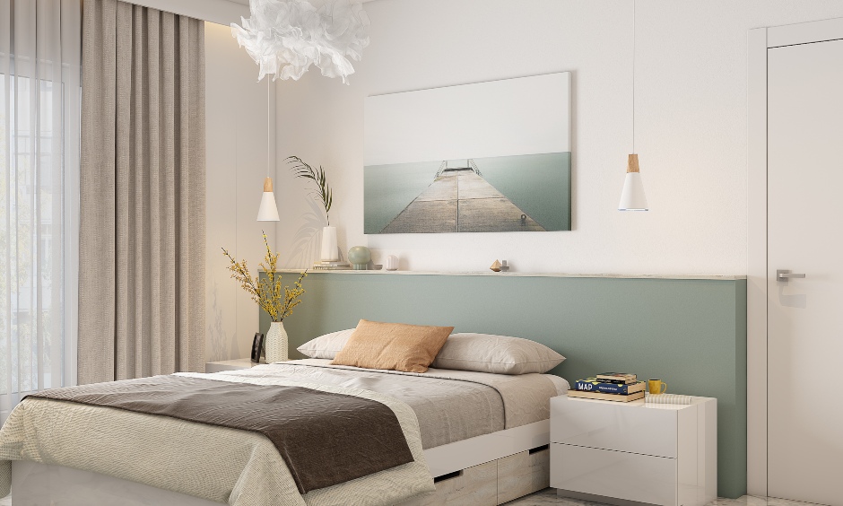 2bhk interior ideas with a master bedroom designed with pastels, neutral colours and flooring
