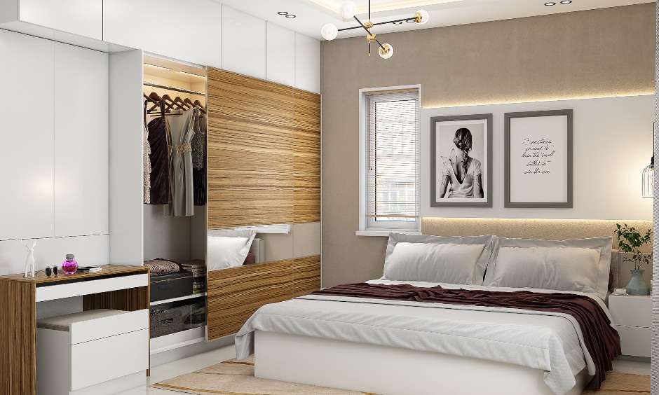 3bhk bedroom design with sliding wardrobe and dressing unit look minimal