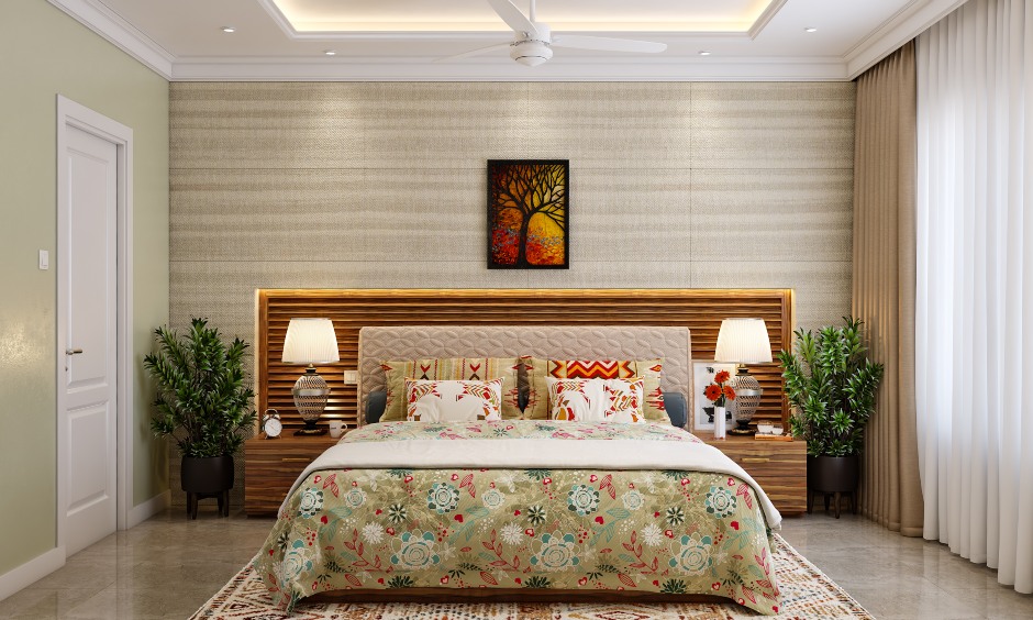 3bhk designed bedroom with wood panelling headboard adds a natural appeal