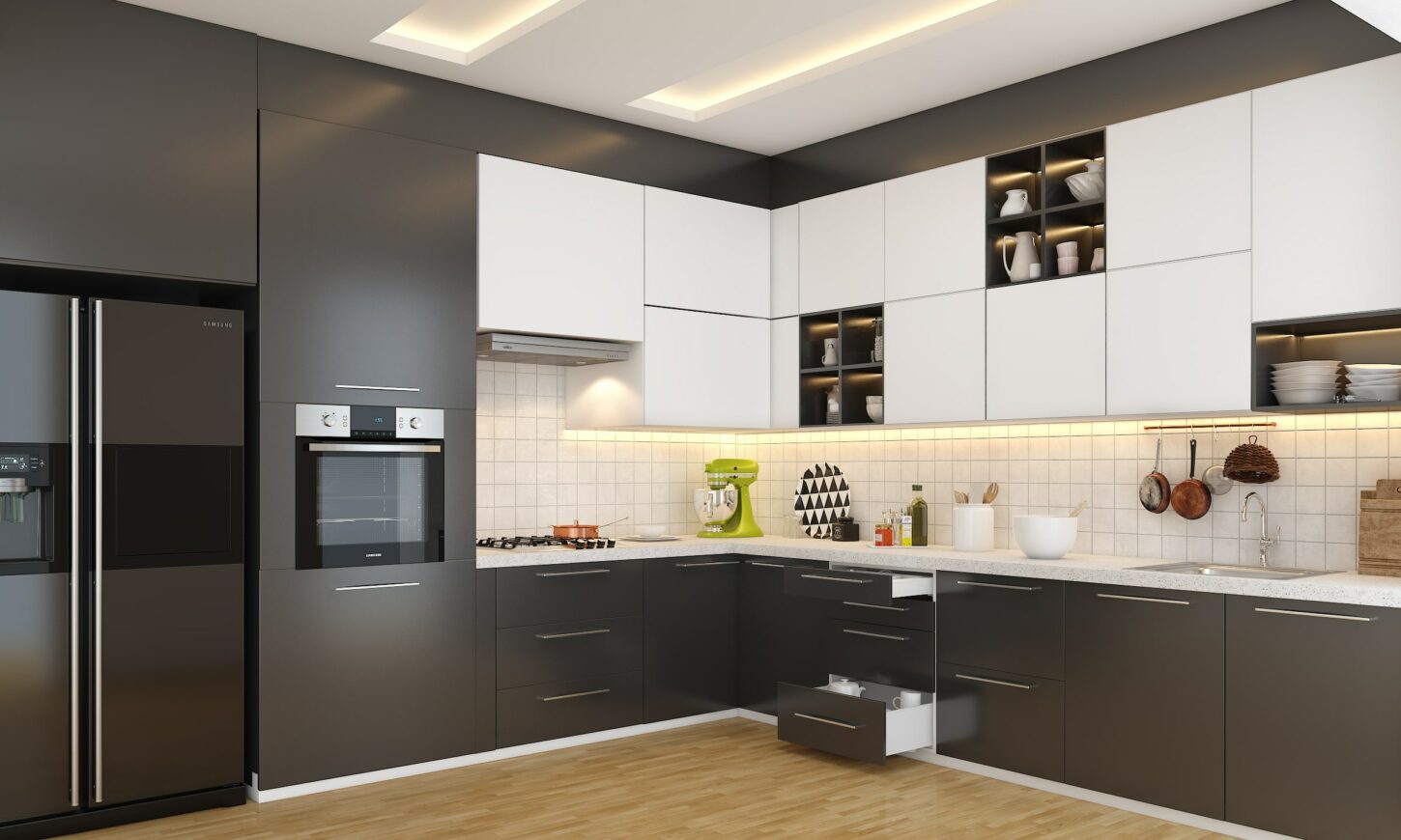 3bhk flat modern contemporary classic modular kitchen design of vishwas bhagat designed by design cafe