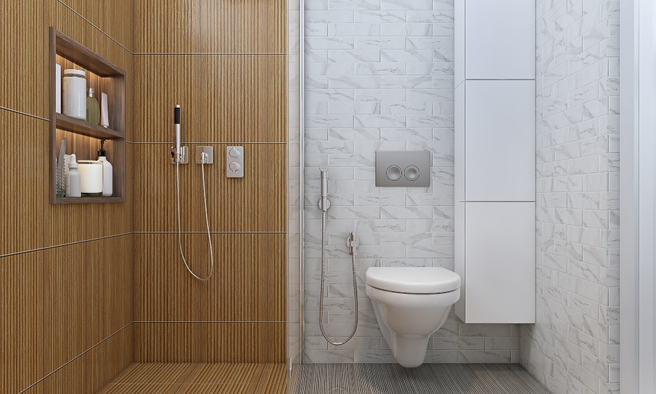 3 bhk home bathroom design with white tile and wood alike tile in minimalist