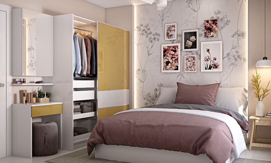 3bhk house master bedroom designed with sliding wardrobe and dressing table looks elegant