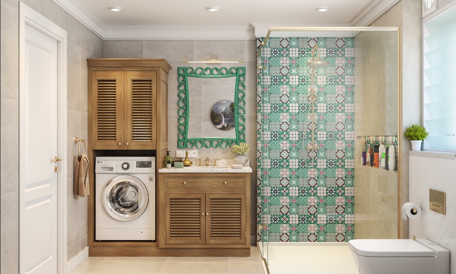 Creamy colour bathroom with wooden vanity unit with a washing machine cabinet is 3bhk interior design.