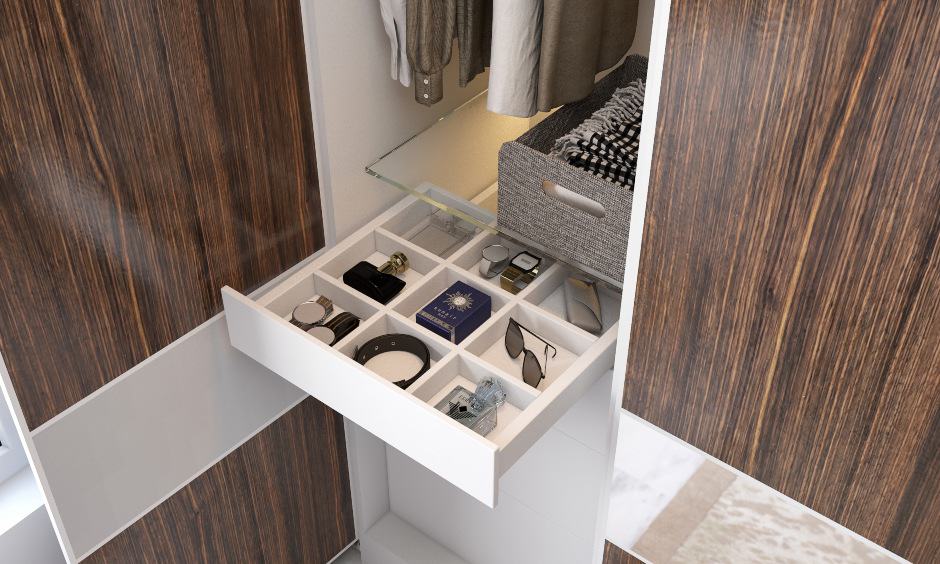 4 door wardrobe design with cabinets and drawers for storage