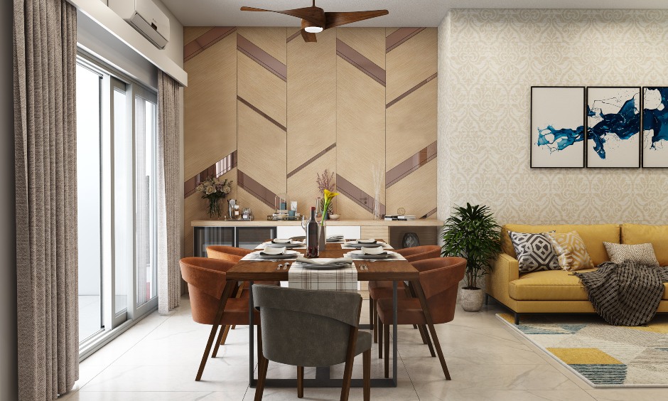 6 seater dinner table in wood finish and bucket chairs for 1bhk house design