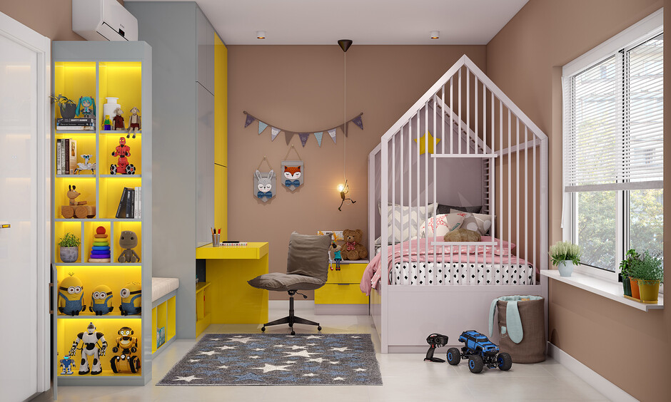 Space-saving furniture in kids' bedroom with a wardrobe and a pull-out study table