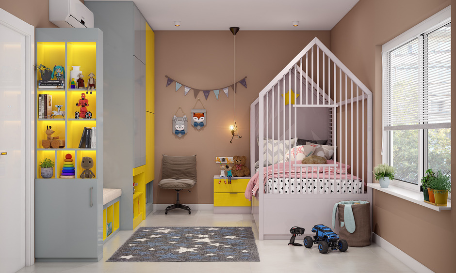 Kids room with space saving furniture like tall shelf with open and closed cabinets
