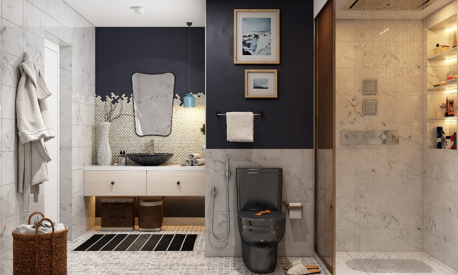 A partition between the shower and toilet area to keep the bathroom clean and dry with interior design for 3bhk house