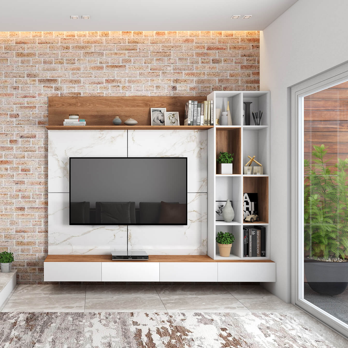 Affordable Pune interior designers crafted a living room with open-shelf TV unit