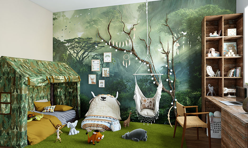 African jungle themed kids bedroom style will make kids feel like they are amidst the wilderness.