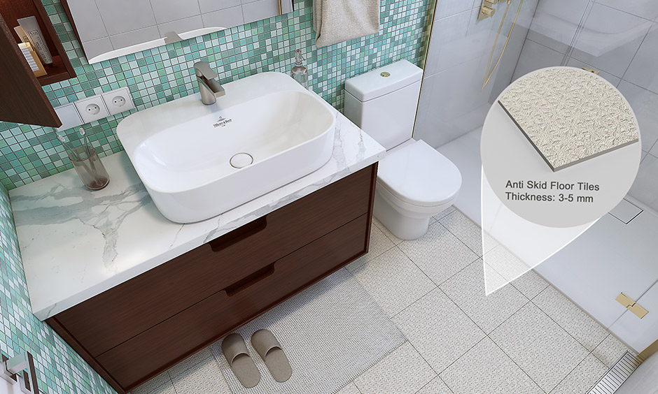 bathroom flooring with anti slip tiles which is resistance to heat, stain and water