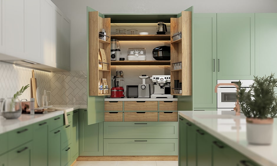Appliance garage is a large tall unit that is a mini kitchen
