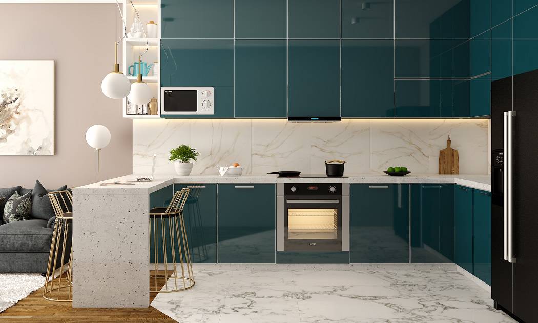 Aqua Blue Lacquered Glass Modular Kitchen designs customised for your kitchen interiors.