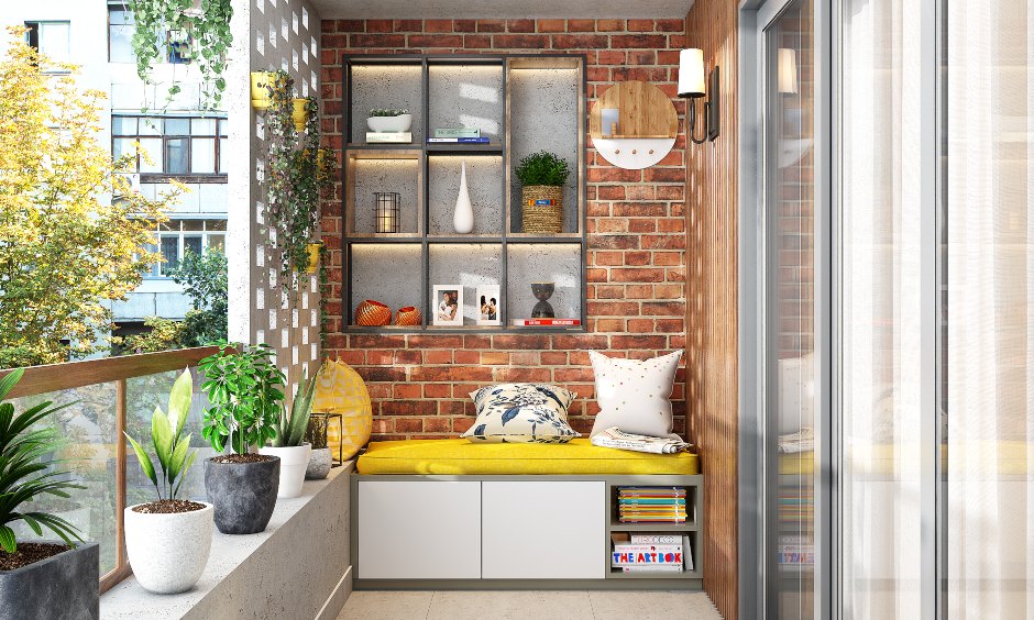 Balcony design with a brick wall and open shelves