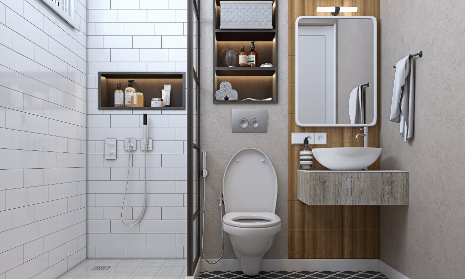 Bathroom interior in 2 bhk home design with space saving storage solutions