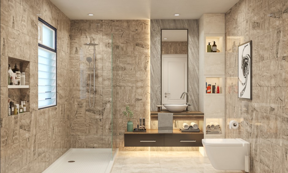 Bathroom design in sleek look modern styled bathroom with marble and vitrified tiles