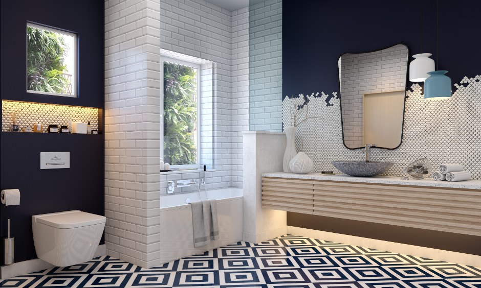 Bathroom designs in modern style with clean lines and patterned flooring makes beautiful bathroom designs