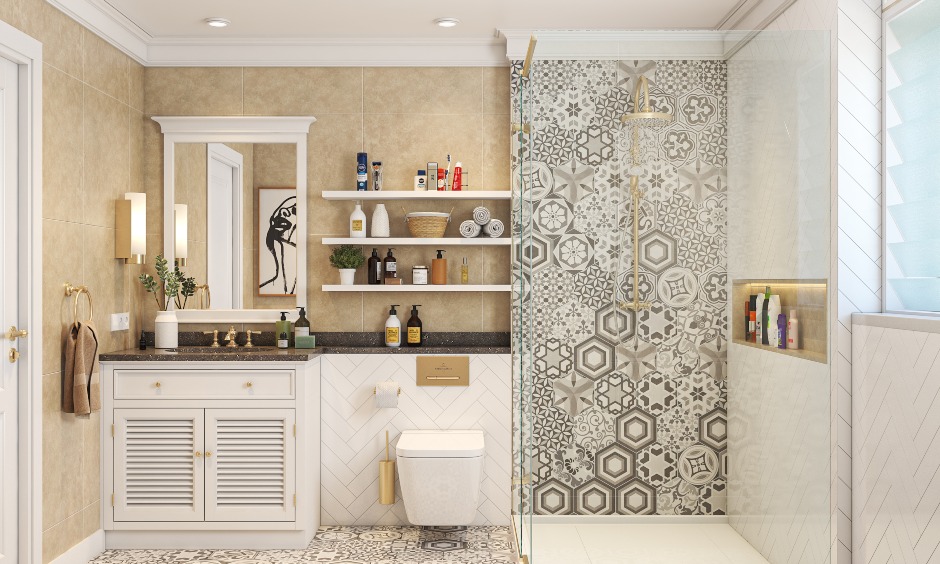 The bathroom has periodic-style wooden cabinet vanity and mosaic wall tiles in home design for 3bhk