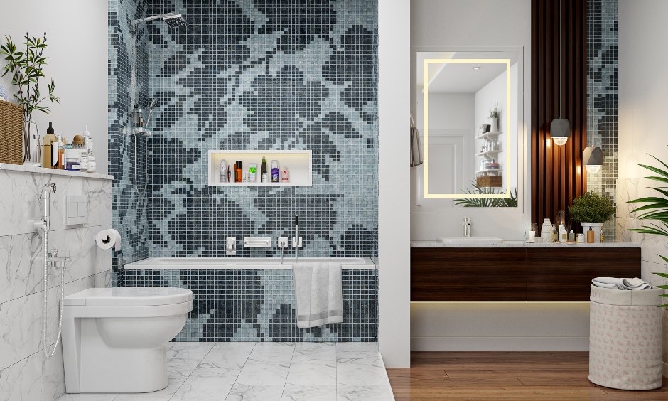 Bathroom interior design with floral mosaic tiles and wood finish