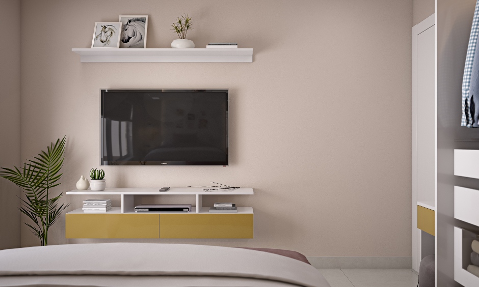 3bhk home bedroom with floating tv unit and the open shelf look minimal