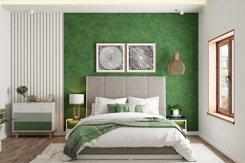 Bedroom color combinations with a shade of brown with bottle green gives nature look