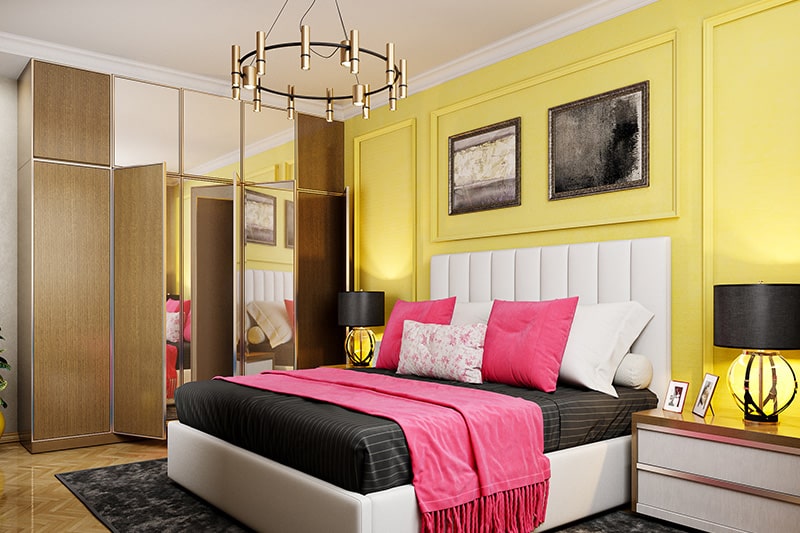 Bedroom color schemes with a white and beige furnishing paired with a bright yellow wall