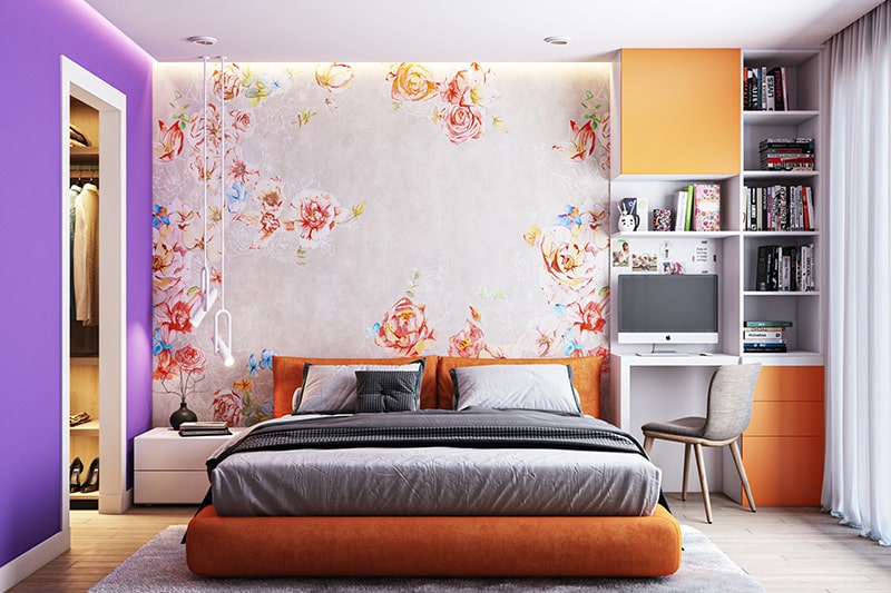 Bold bedroom colour combination with a burnt variant of orange and purple