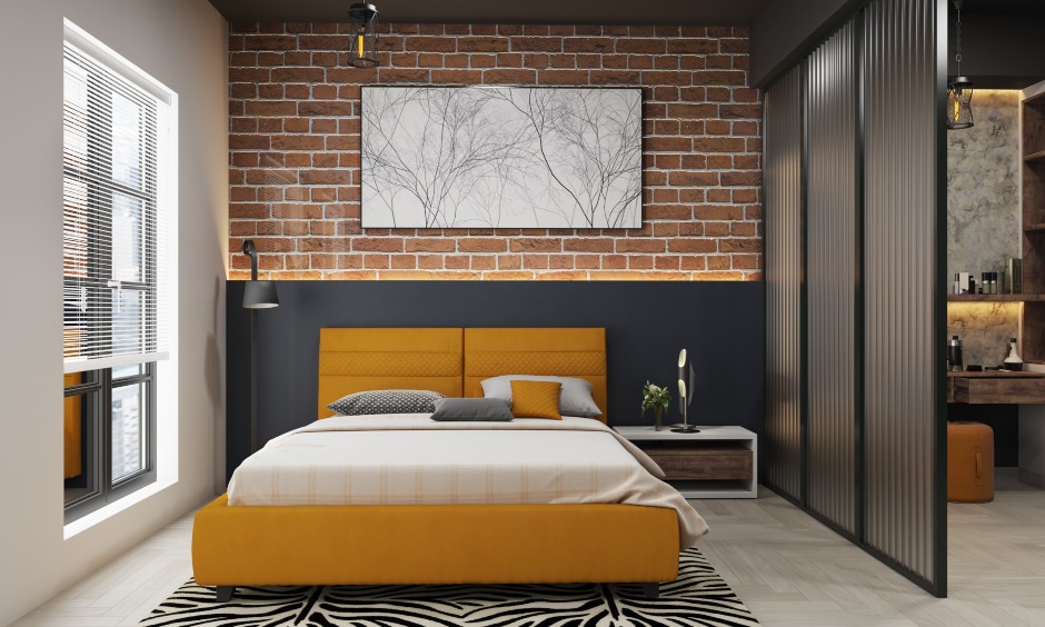 Bedroom design in industrial style bedroom with a black, sleek sliding door wardrobe