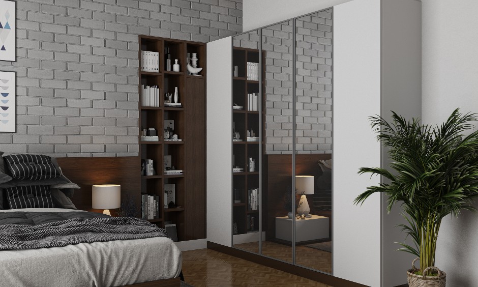 Bedroom Interior design with brick wall cladding wardrobe storage for bedroom designs india