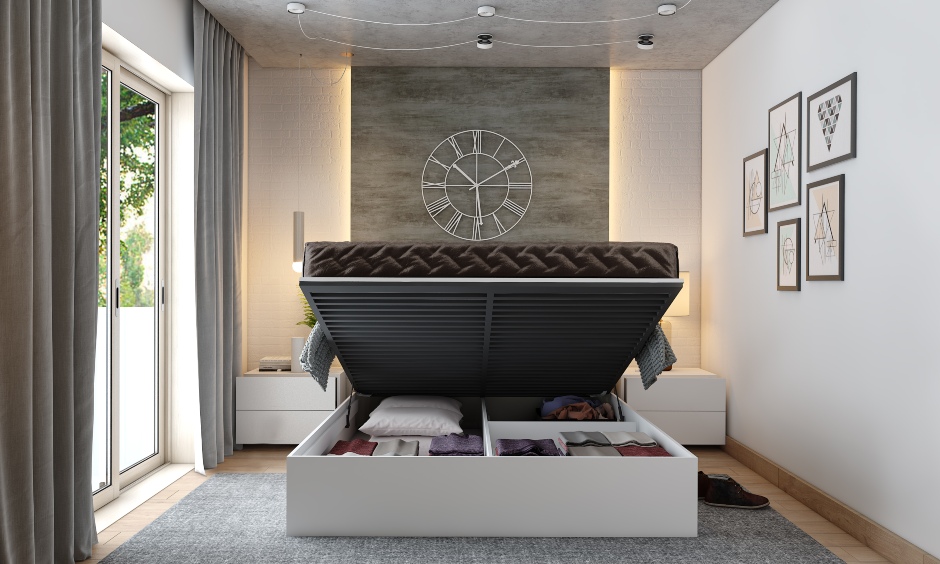 Bedroom design hydraulic bed with a lift-up mechanism has space for storage underneath