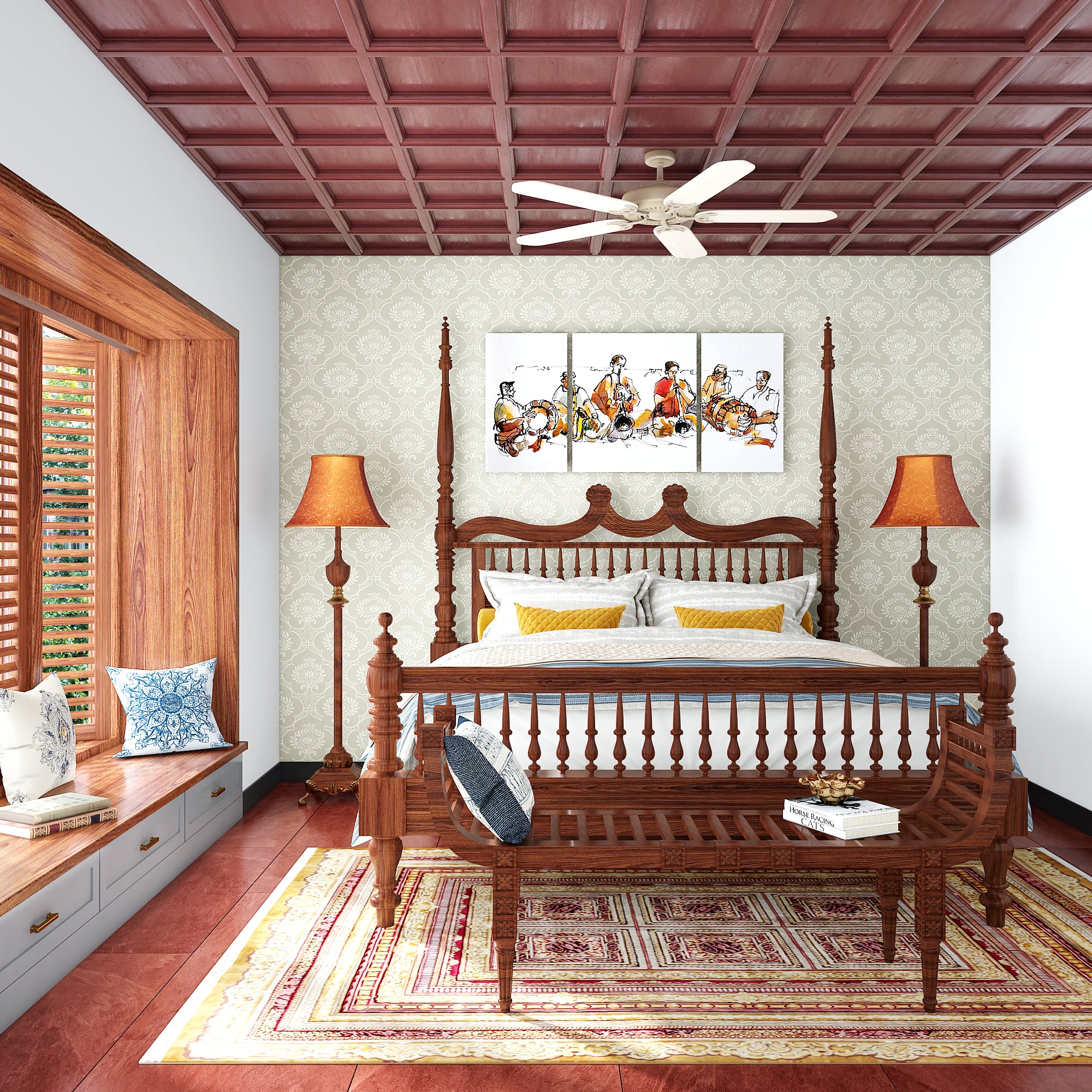 Bedroom designers in Chennai created a bedroom with bay window storage bench