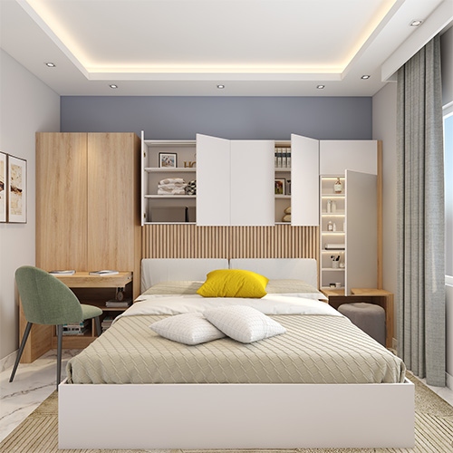 Bedroom designers in Mumbai created a bedroom featuring numerous storage units