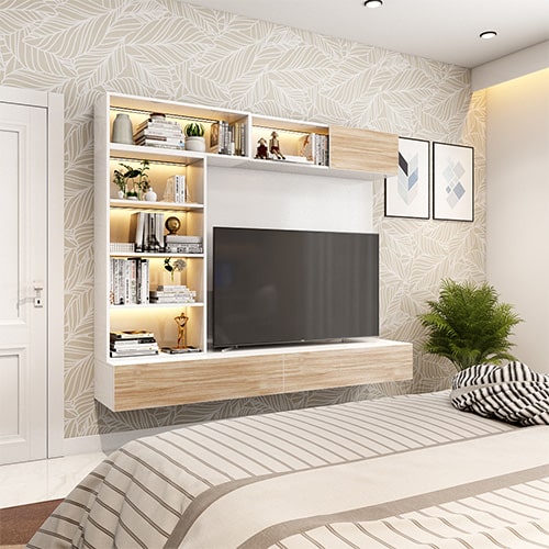 Bedroom designers in Coimbatore designed a bedroom with a tv unit