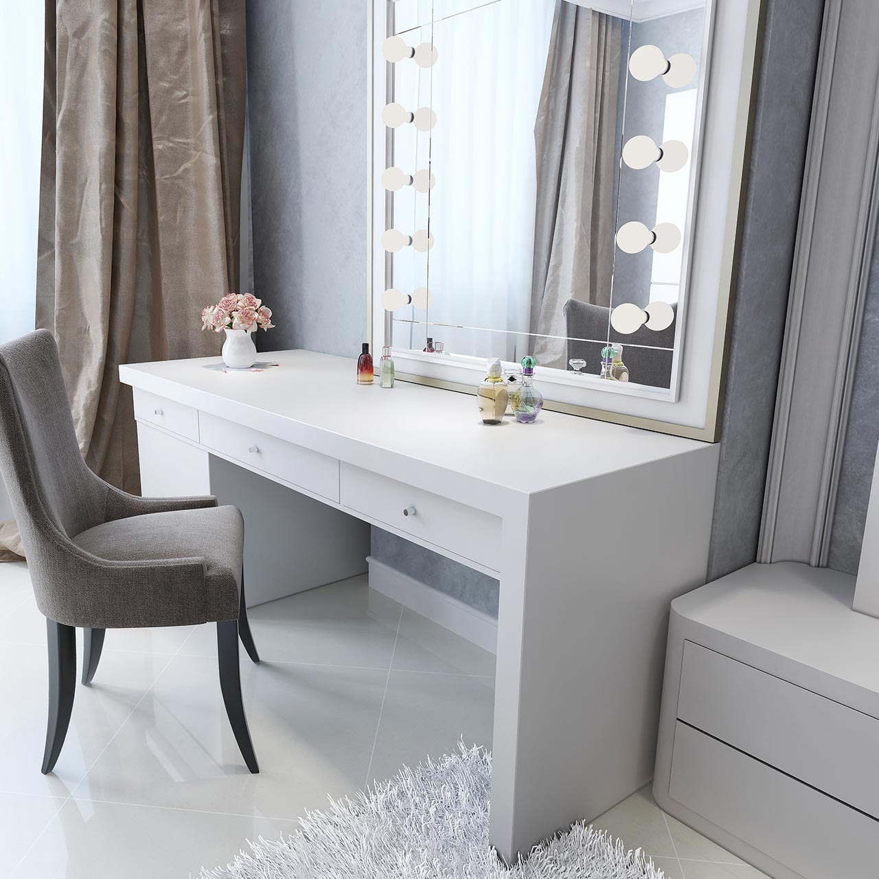 Bedroom interior design furniture with hollywood style white dressing table with lights around the mirror 
