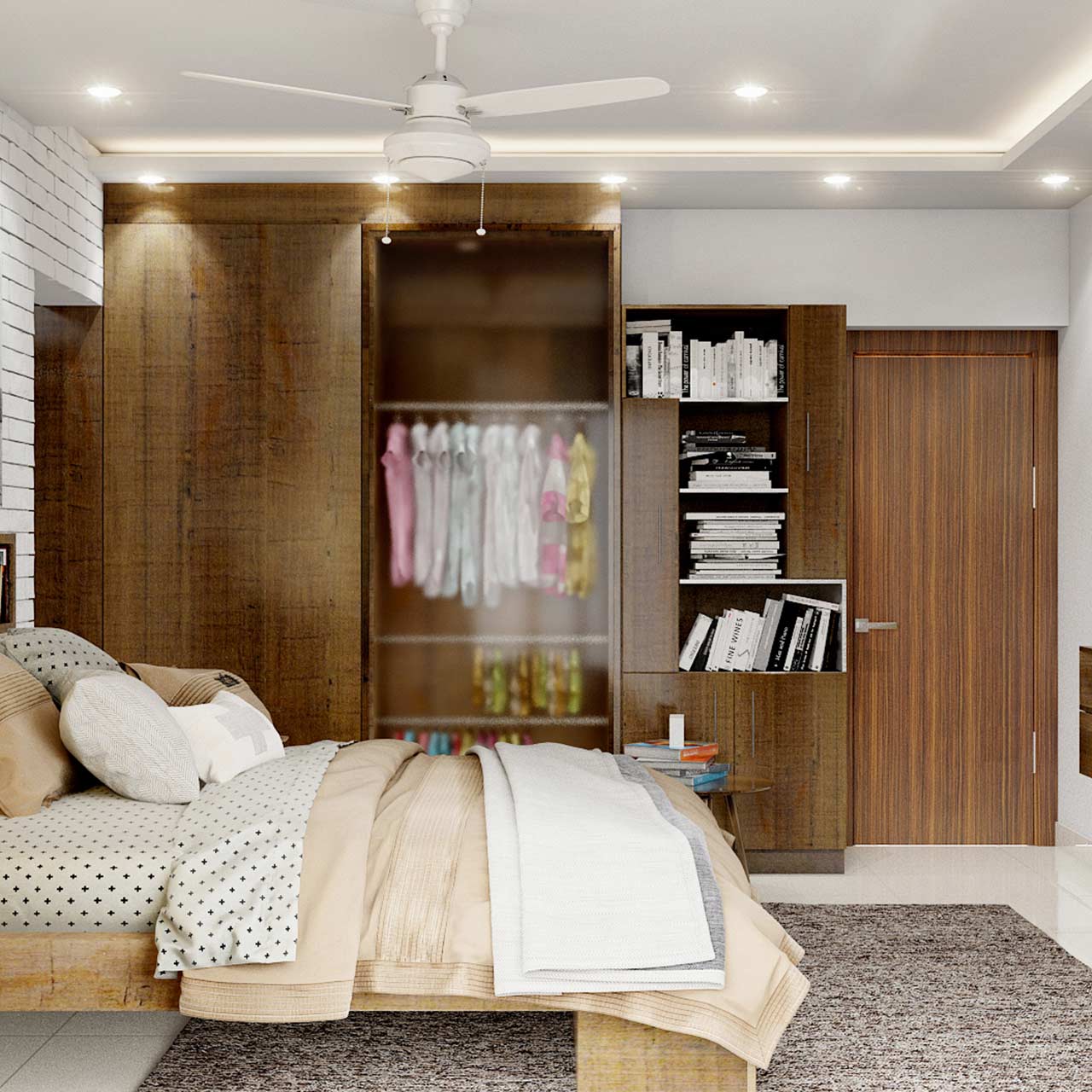 Bedroom designed with bookshelf and wardrobe with transparent glass door