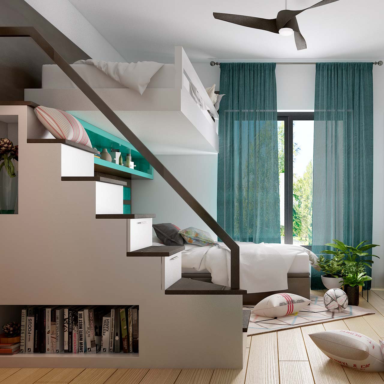 Small bedroom interior design with loft bed is a brilliant space-saving solution
