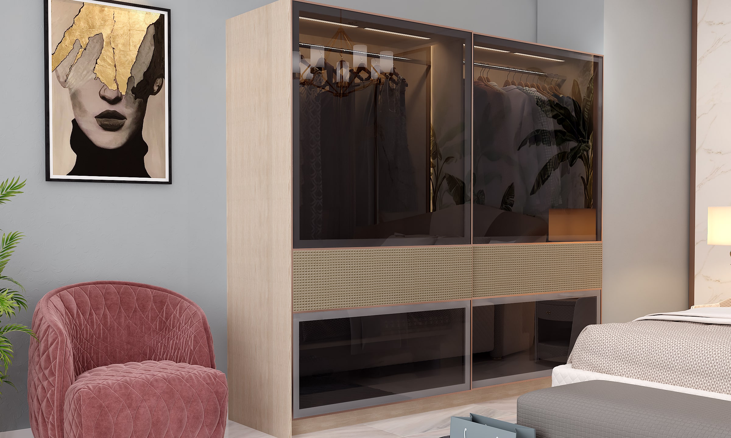 Bedroom luxury house interior with a glass sliding door wardrobe with fabric panels