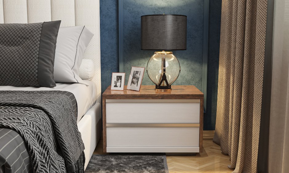 Bedroom interior design online with side table and storage options in White and Blue in India.