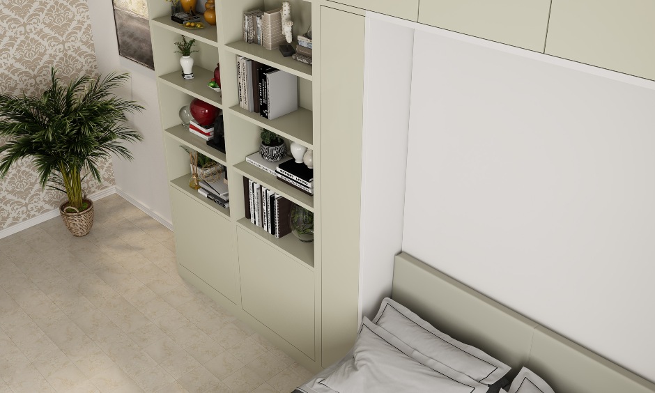 Smart storage cabinets and open shelves designed to save space in small bedrooms.