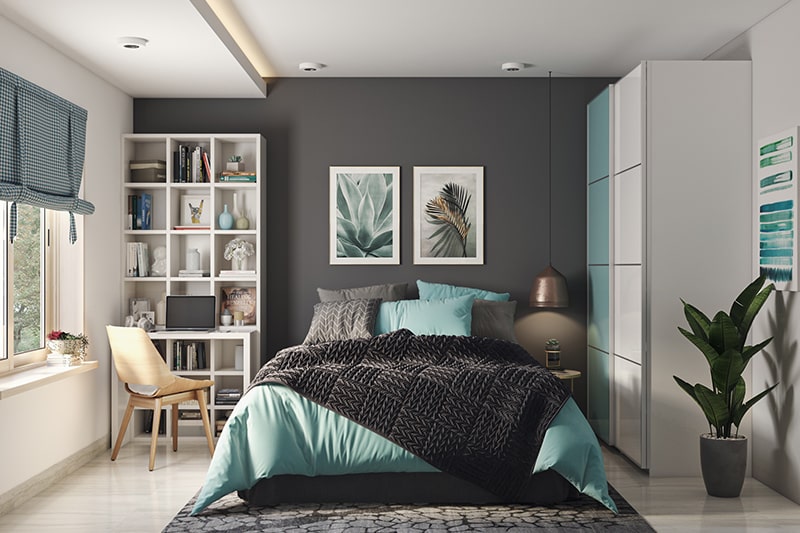 Bedroom wall colour combination guide with a lighter shade of teal and grey