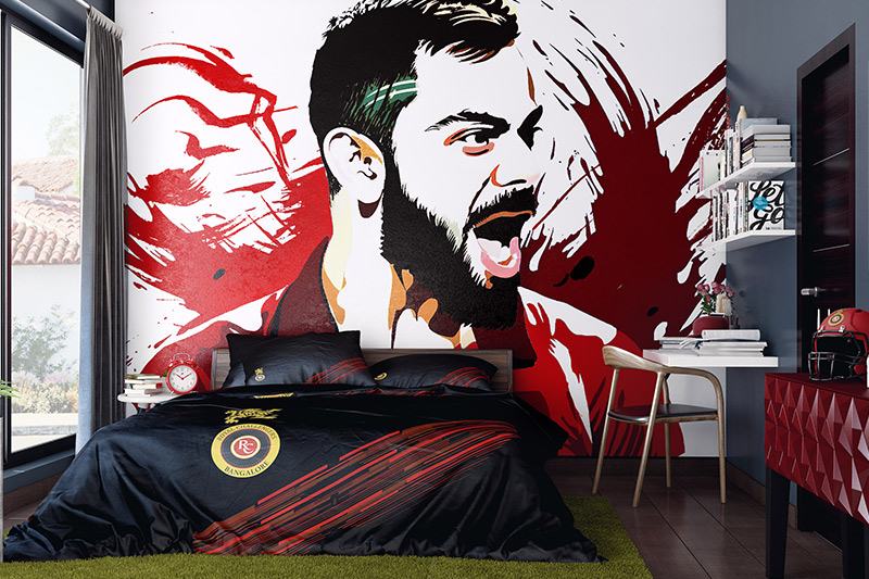 Bedroom furniture set designs with a cricket theme with a big photo of virat kohli