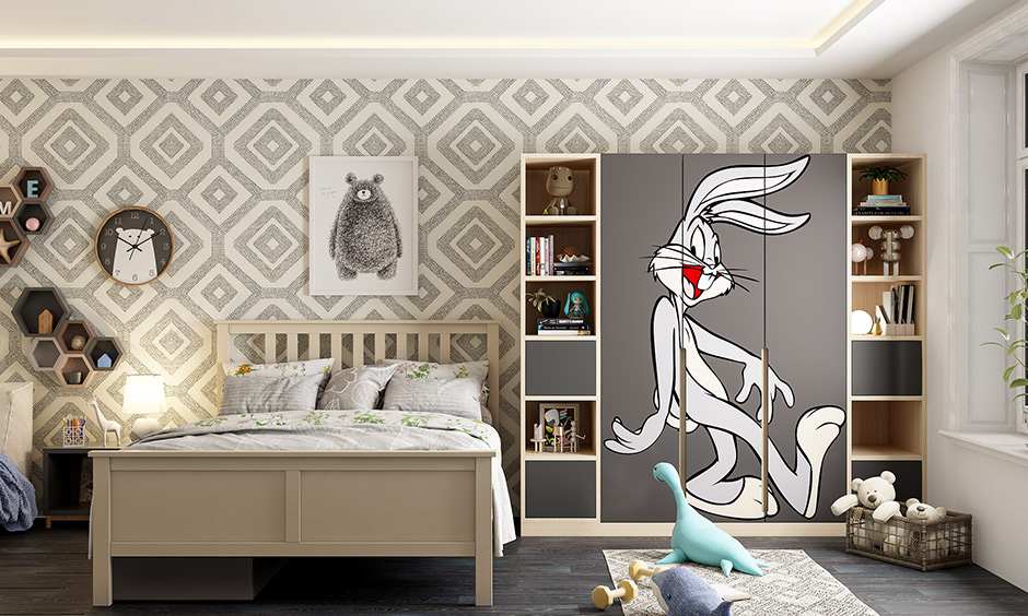 Beige and dark grey kids room colour combination is a classic and can play around with decor.